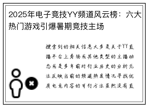 2025年电子竞技YY频道风云榜：六大热门游戏引爆暑期竞技主场