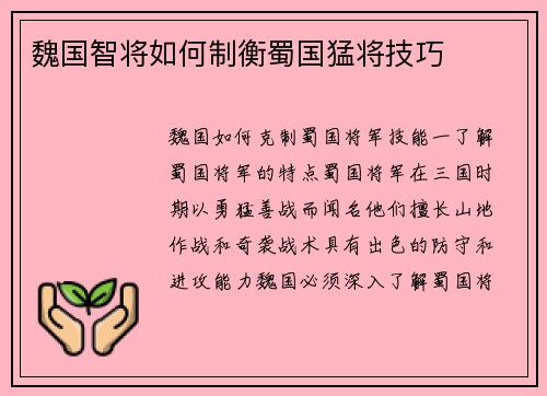 魏国智将如何制衡蜀国猛将技巧